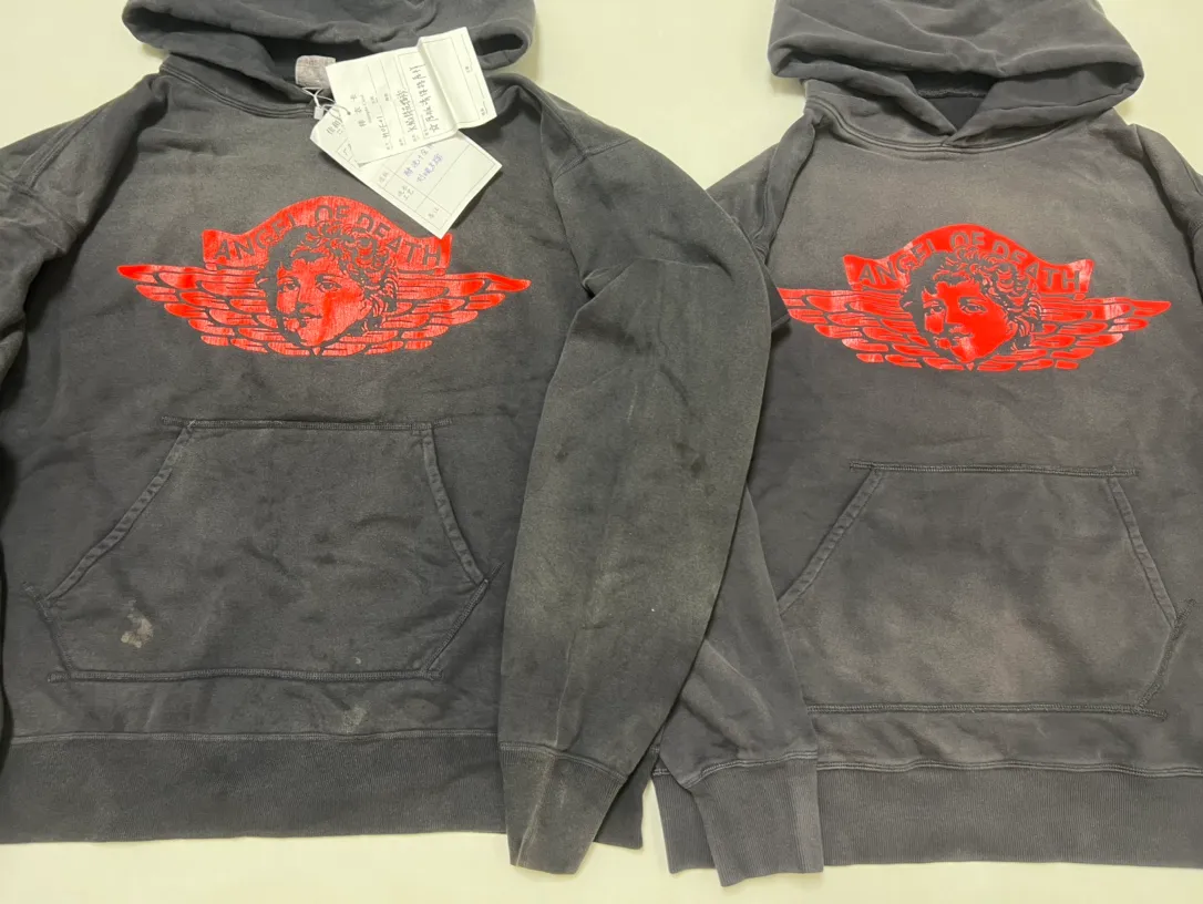 Printed proofing SAINT Mxxxxxx ANGEL HOODIE/BLK Angel Reborn Cracked Printed Retro Distressed Hoodie Washed Black S-XL